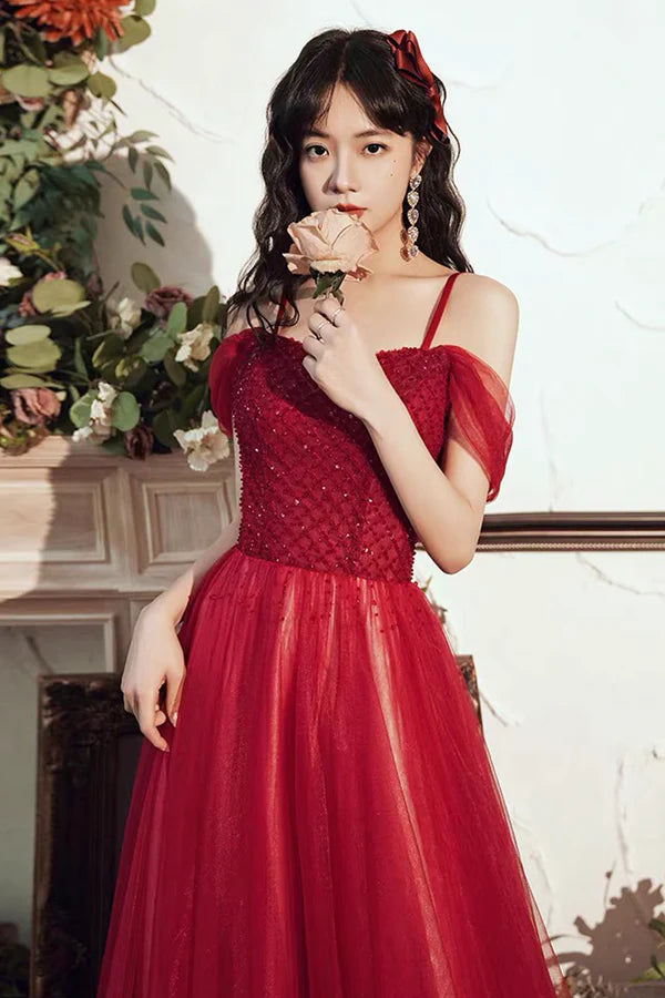 Wholesale Burgundy Tulle Beaded Long Prom Dress Beautiful Spaghetti Strap Evening Party Dress